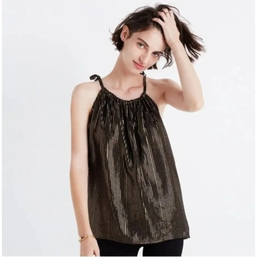 Madewell Silk Metallic Gold Stripe Halter Tie Camiโ Tank Black Glam Party Size 0